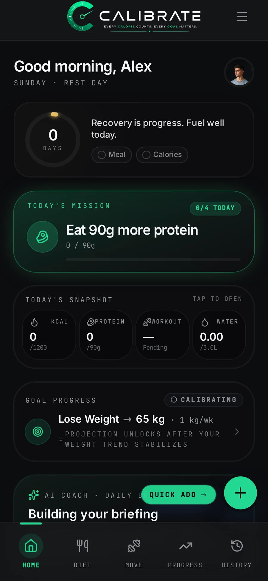 Calibrate app dashboard showing fasting ring and macro targets